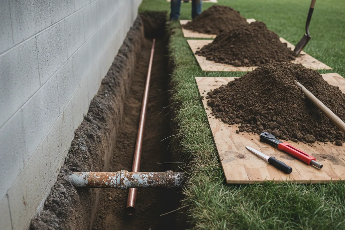 Excavated water line trench during Sewer Line Repair in Mahnomen
